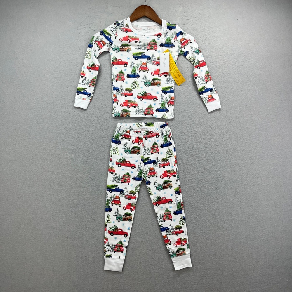 Hart + Land Pajama Set Kids 5 White Christmas Trucks Organic Pima Cotton NEW